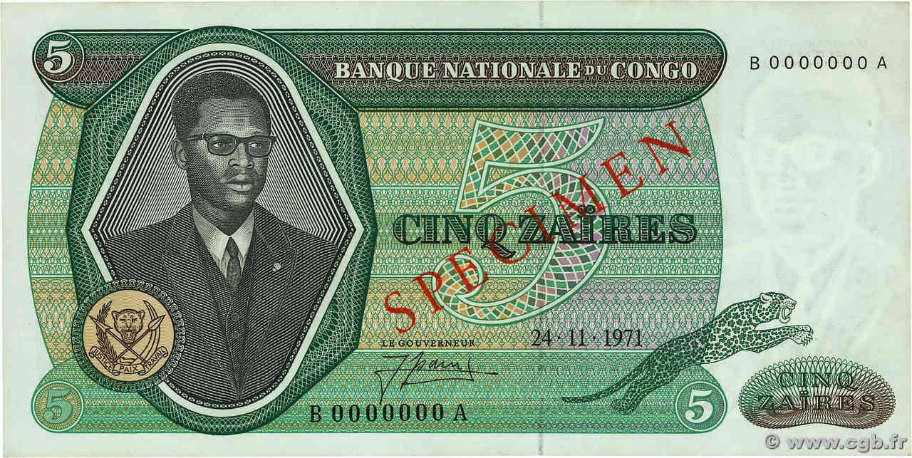 5 Zaïres Spécimen CONGO, DEMOCRATIQUE REPUBLIC  1971 P.014s AU+