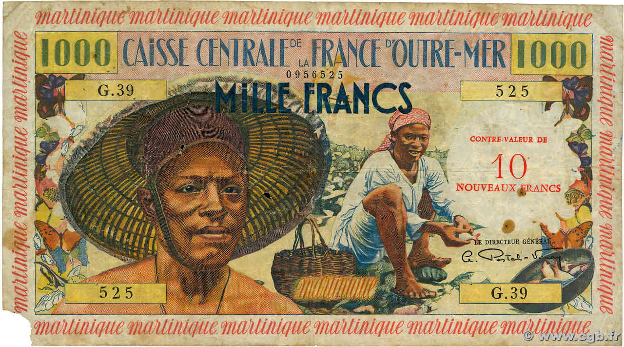 10 NF sur 1000 Francs pêcheur MARTINIQUE  1960 P.39 B