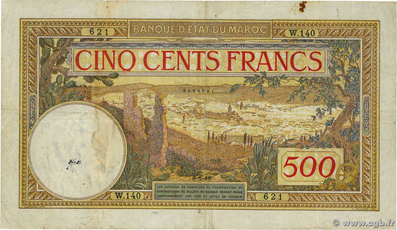 500 Francs MAROC  1946 P.15b TB