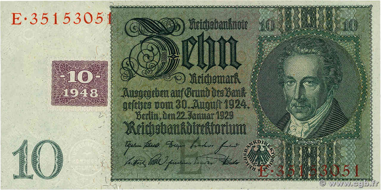 10 Deutsche Mark GERMAN DEMOCRATIC REPUBLIC  1948 P.04a UNC-