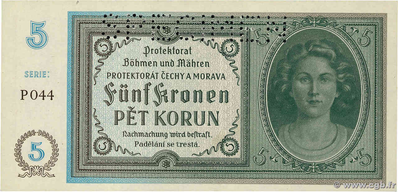 5 Korun Spécimen BOEMIA E MORAVIA  1940 P.04s q.FDC