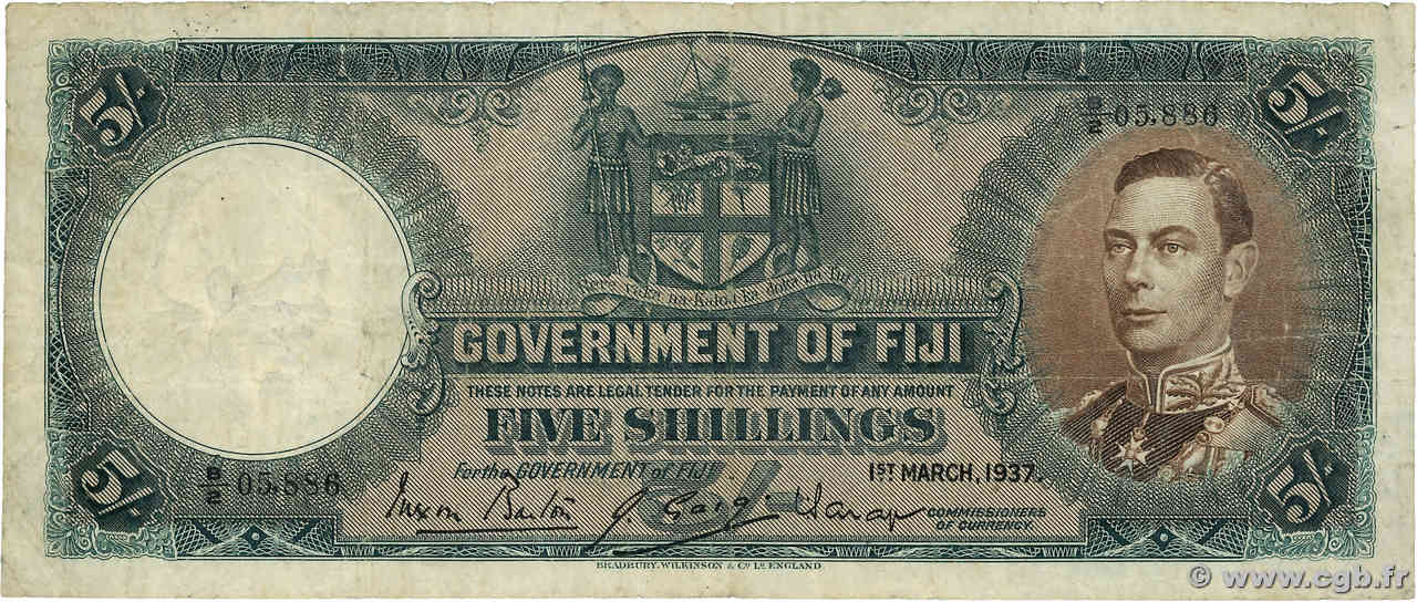 5 Shillings FIGI  1937 P.037a q.MB