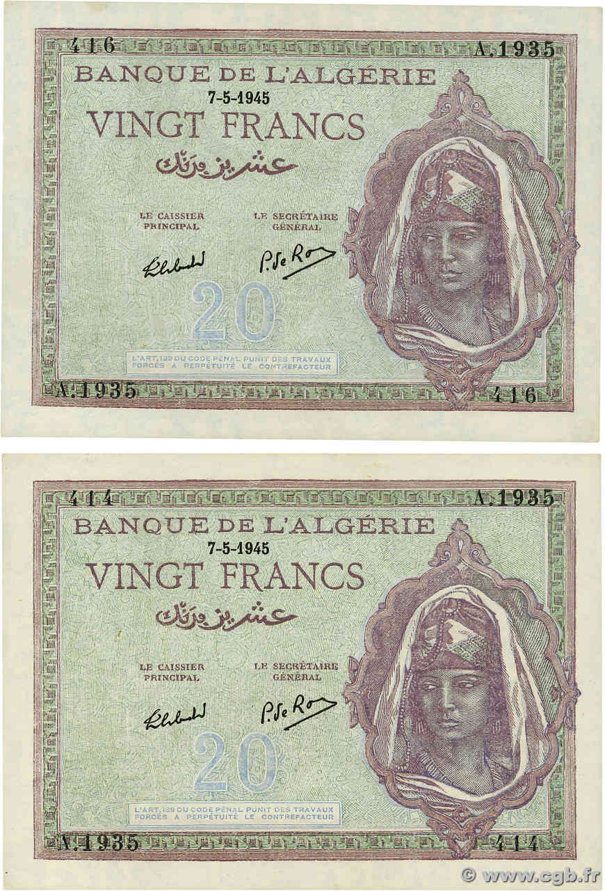 20 Francs Lot ALGERIA  1945 P.092b AU