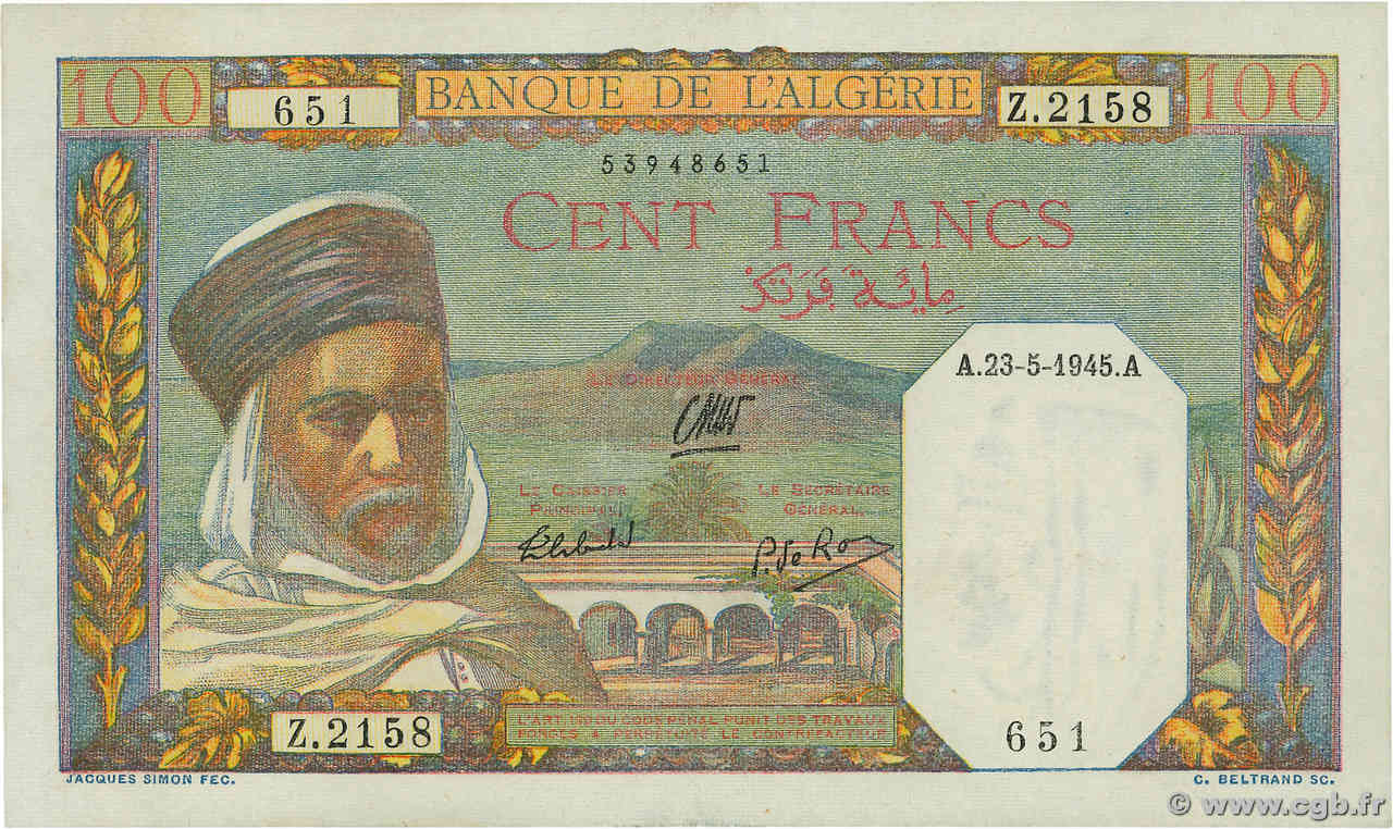 100 Francs ALGERIA  1945 P.085 q.FDC