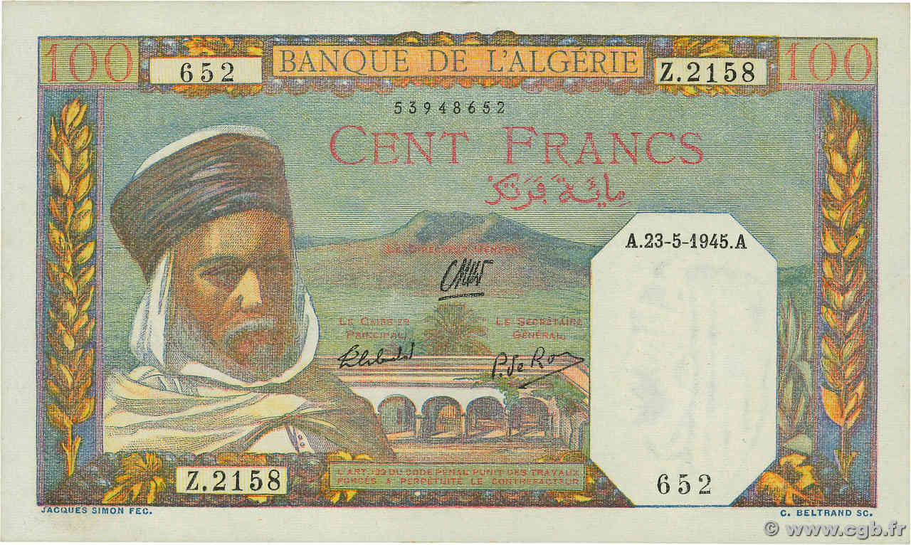 100 Francs ALGERIA  1945 P.085 q.FDC