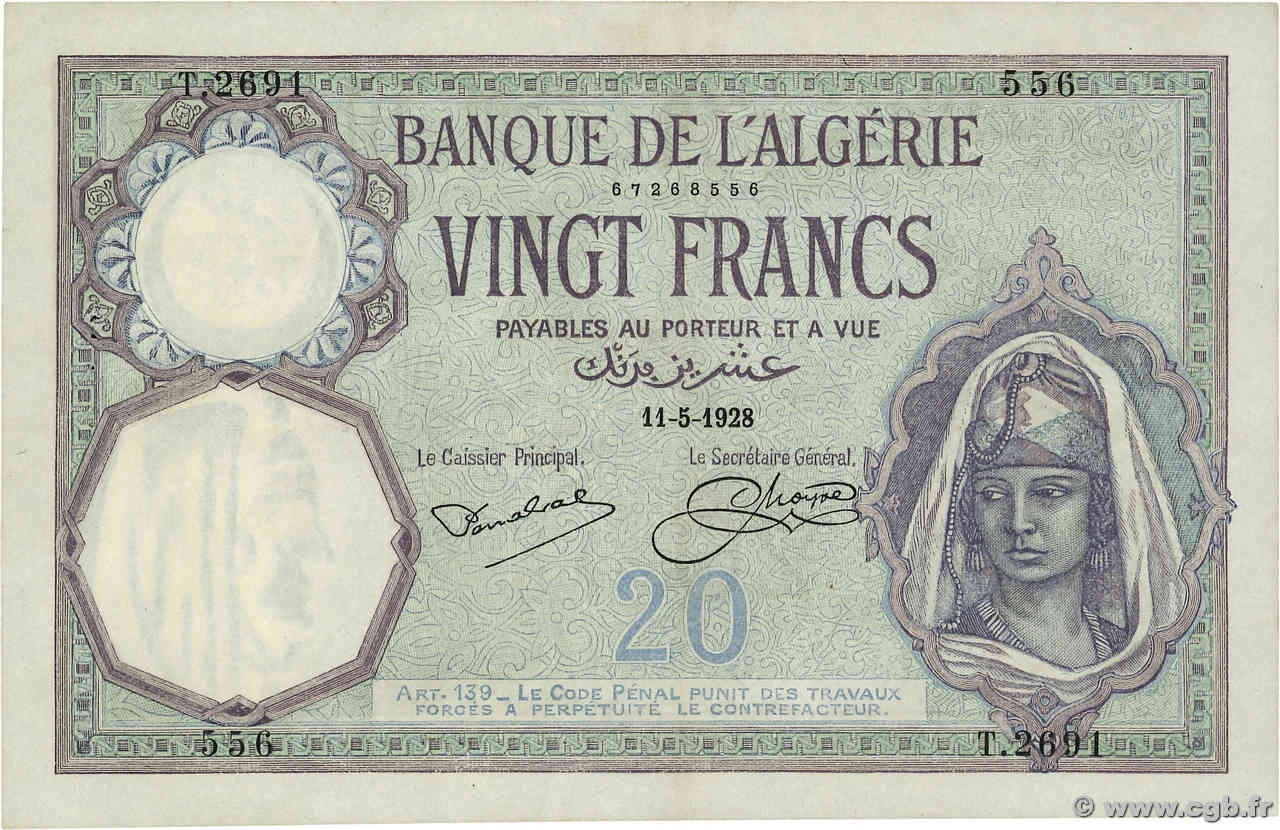 20 Francs ALGERIA  1928 P.078b XF