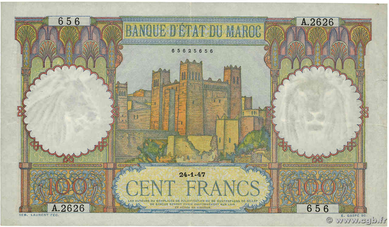 100 Francs MARUECOS  1947 P.20 MBC