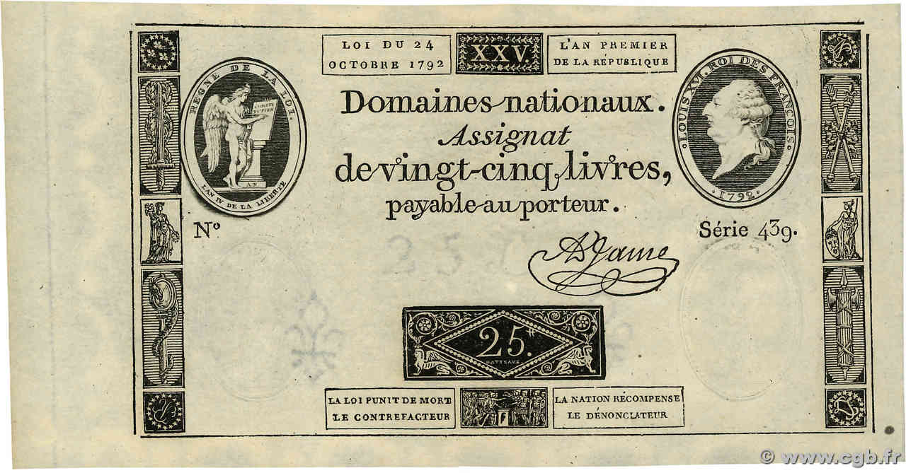 25 Livres FRANCE  1792 Ass.37a UNC