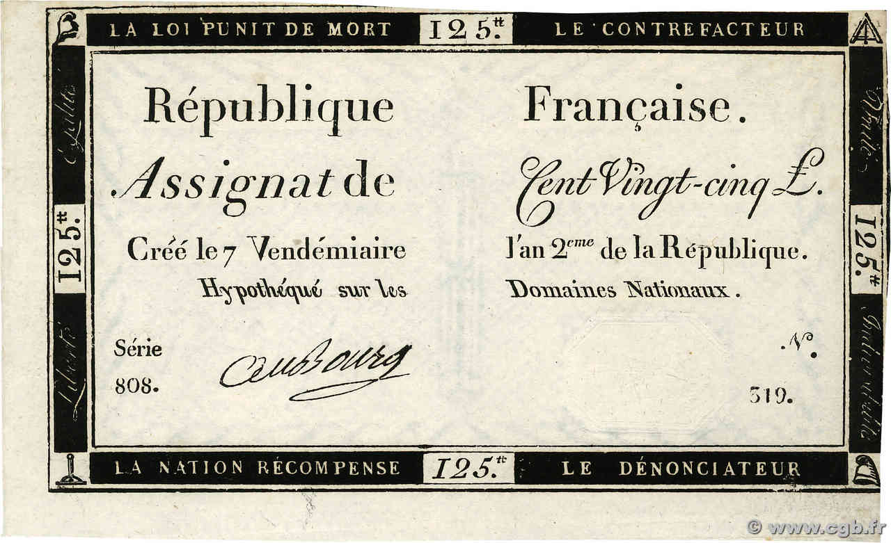 125 Livres FRANCE  1793 Ass.44a SPL