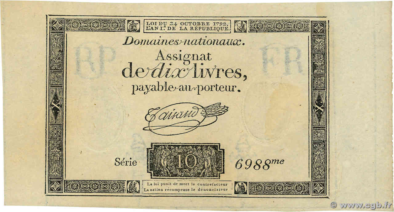 10 Livres filigrane républicain  FRANCE  1792 Ass.36b pr.NEUF