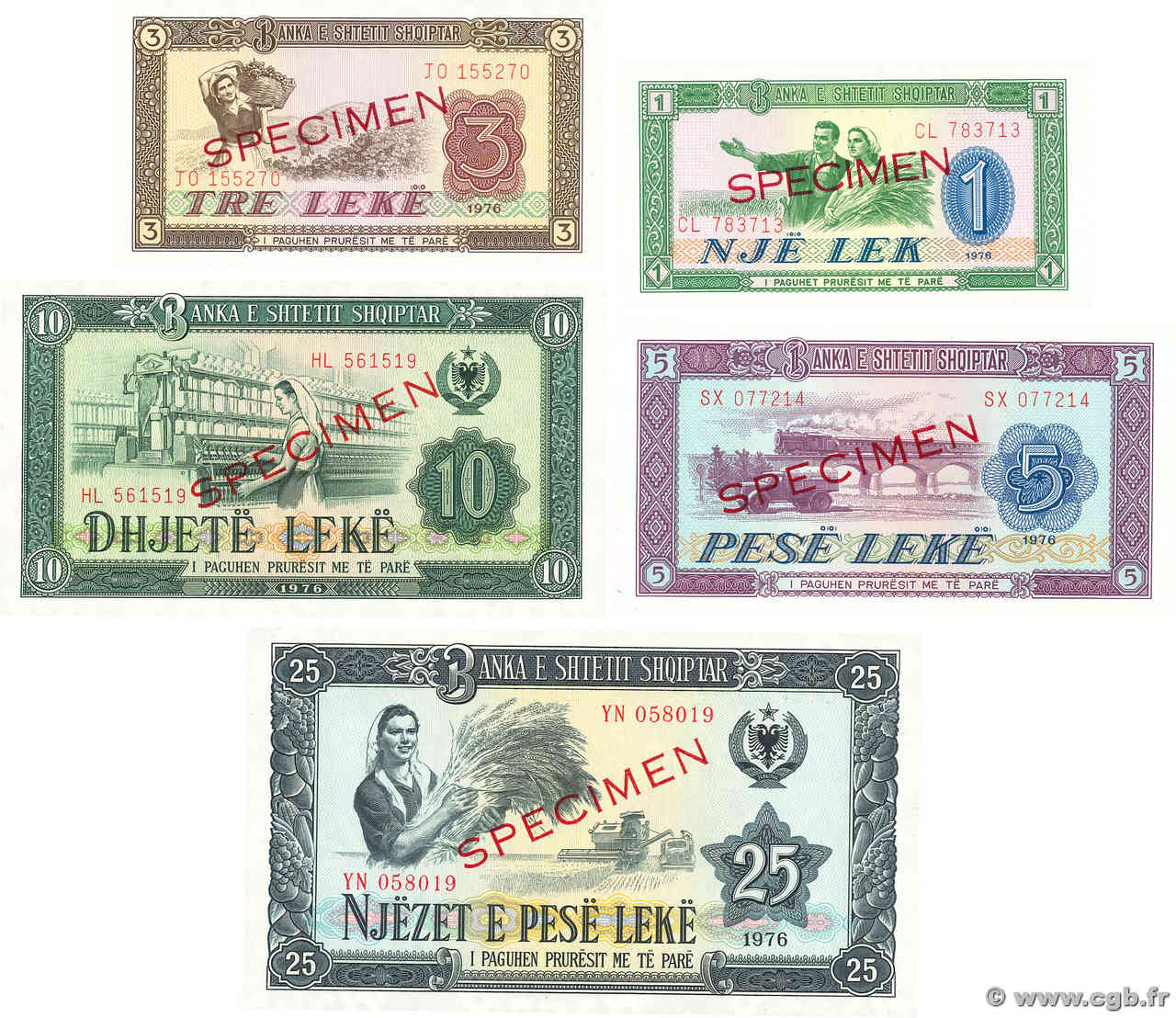 1 à 25 Lekë Spécimen ALBANIA  1976 P.40s2 à P.44s2 UNC