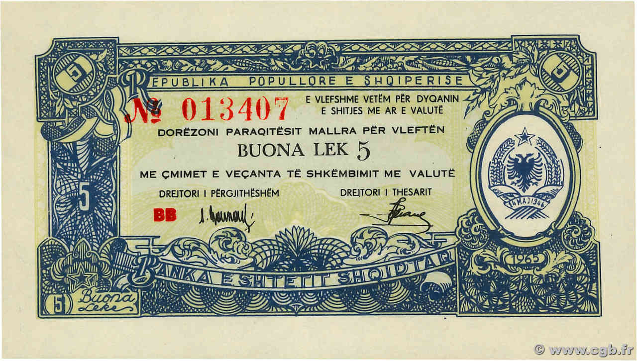 5 Buona Lek ALBANIA  1965 P.FX25 SC+