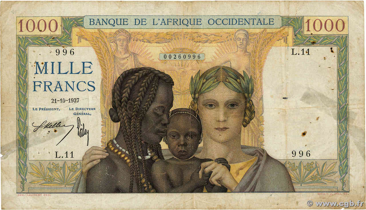 1000 Francs FRENCH WEST AFRICA (1895-1958)  1937 P.24 VG