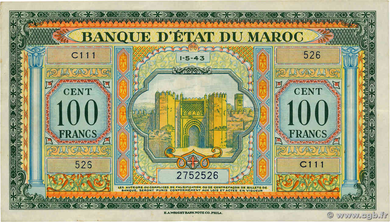 100 Francs MOROCCO  1943 P.27 VF