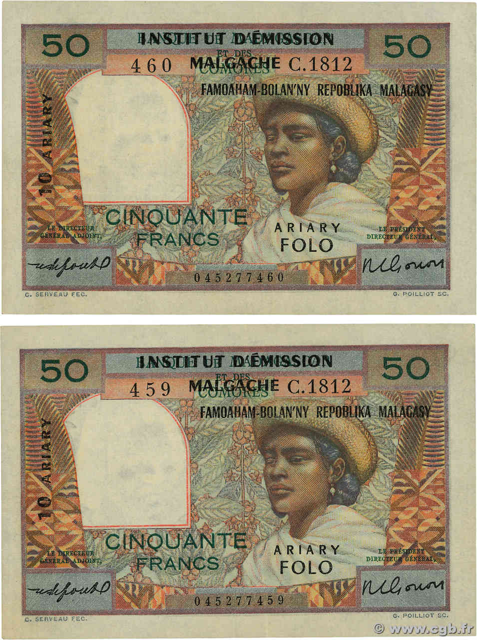 50 Francs - 10 Ariary Consécutifs MADAGASCAR  1961 P.051b SPL+