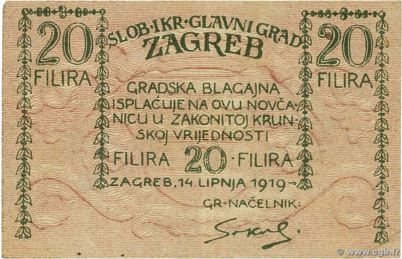 20 Filira CROATIE Zagreb 1919 P.-- TTB