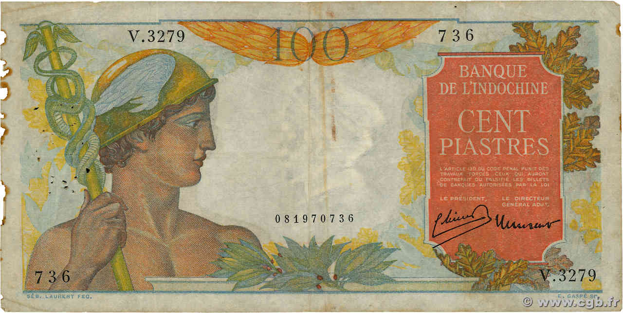 100 Piastres INDOCHINE FRANÇAISE  1947 P.082b B+