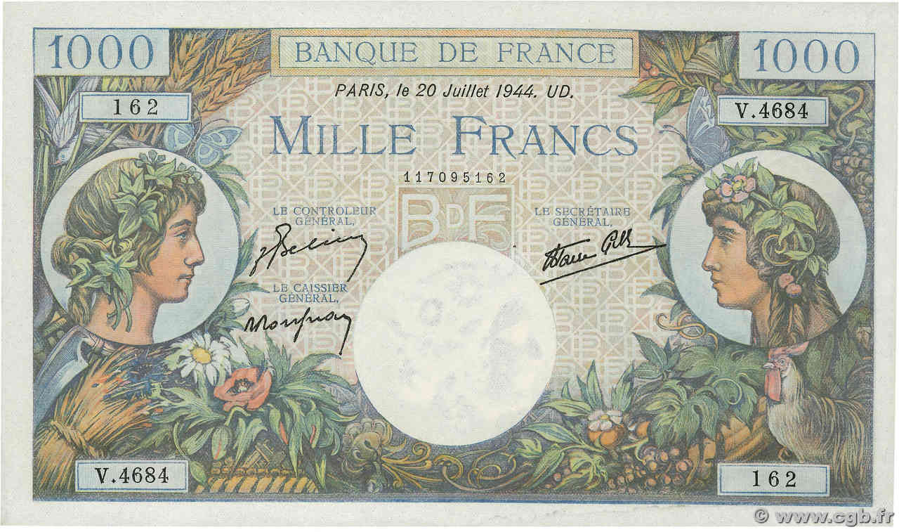 1000 Francs COMMERCE ET INDUSTRIE FRANCE  1944 F.39.12 AU