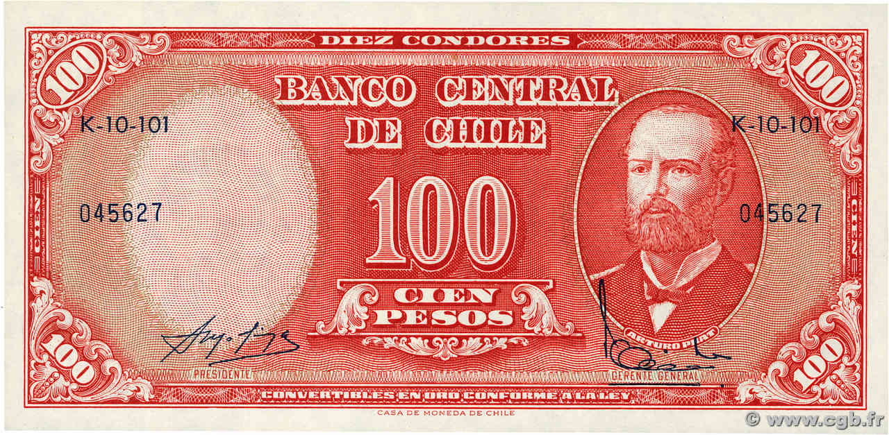 10 Centesimos sur 100 Pesos CHILI  1960 P.127a NEUF