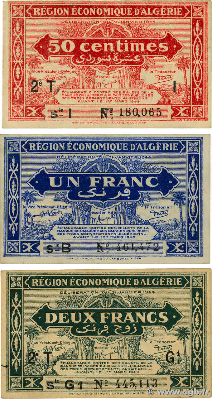 50 Centimes, 1 et 2 Francs Lot ALGERIA  1944 P.098a, P.100 et P.102 VF - XF