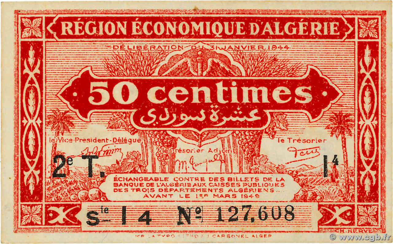 50 Centimes ALGERIA  1944 P.100  AU