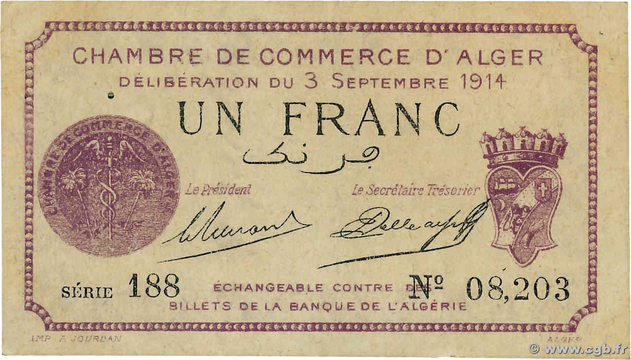 1 Franc ALGERIEN Alger 1914 JP.137.01 VZ