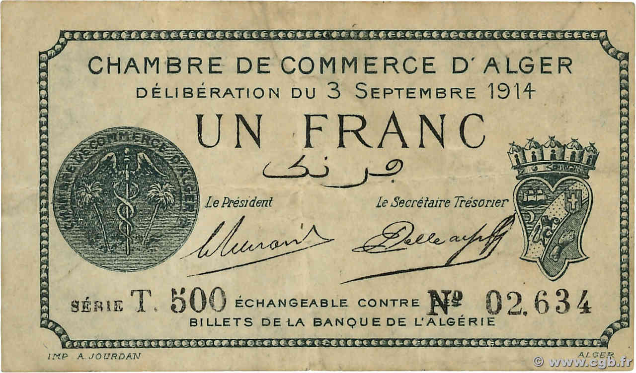 1 Franc ALGÉRIE Alger 1914 JP.137.04 TB+