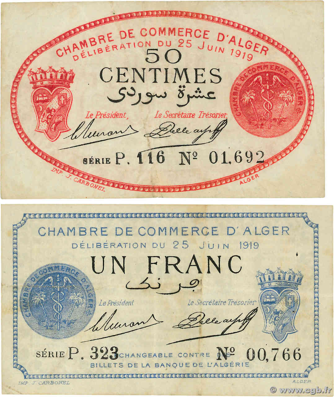 50 Centimes et 1 Franc Lot ALGERIA Alger 1919 JP.137.11/12 MB a BB