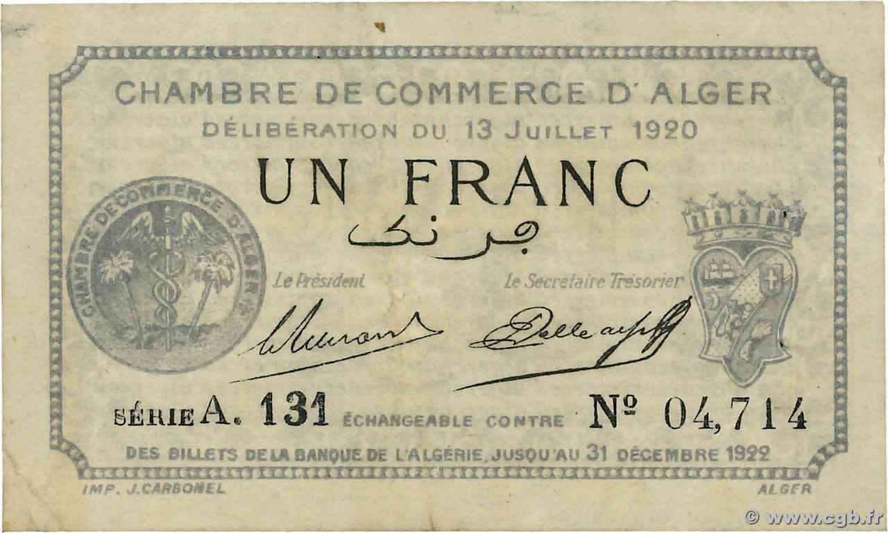 1 Franc ALGERIEN Alger 1920 JP.137.15 SS