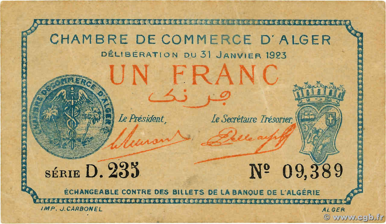 1 Franc ALGERIEN Alger 1923 JP.137.26 fVZ