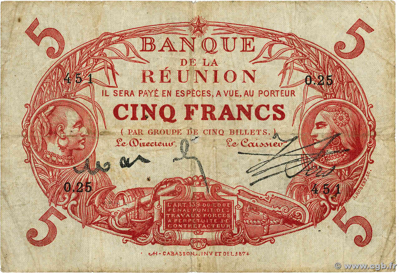 5 Francs Cabasson rouge ISOLA RIUNIONE  1916 P.14 B