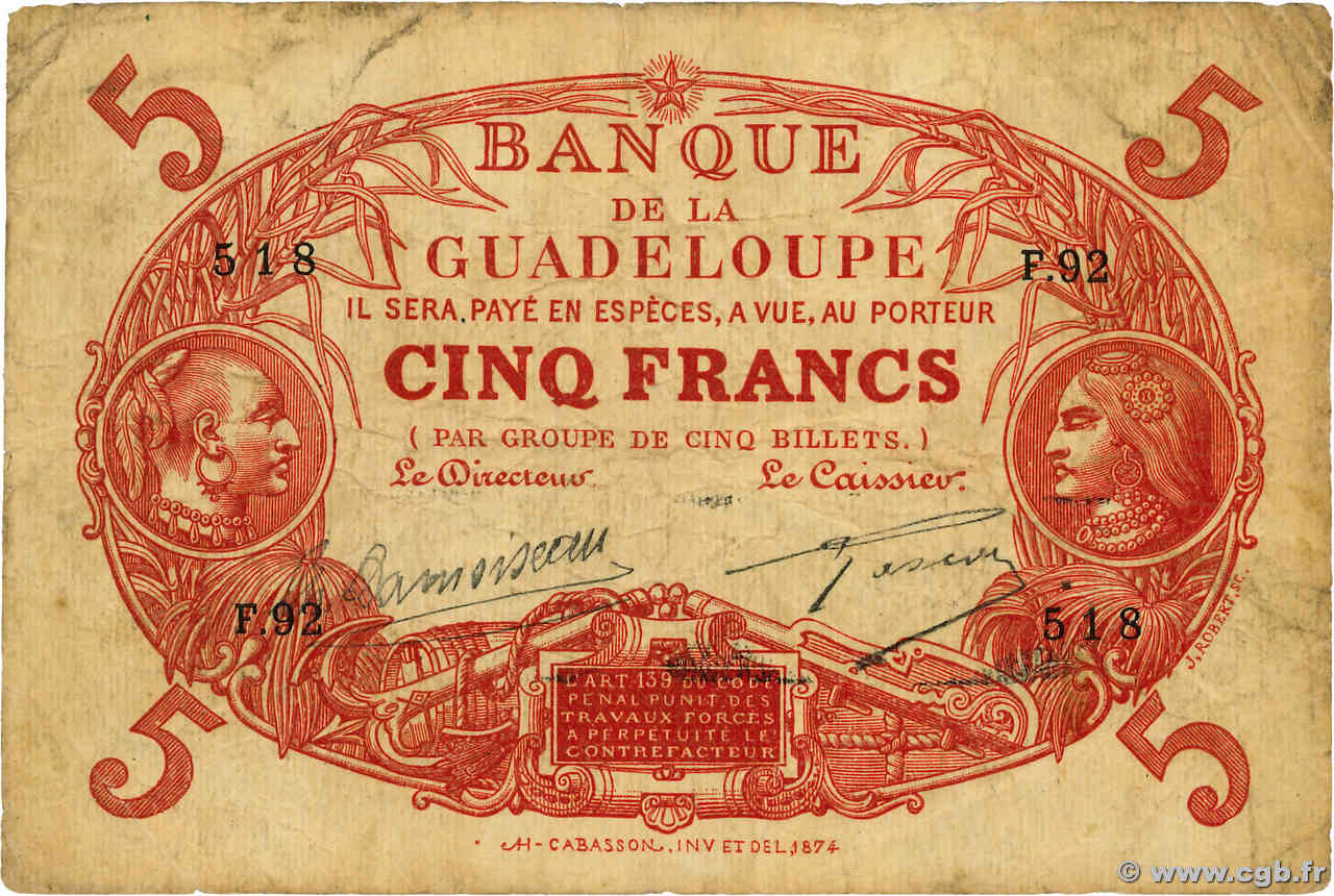 5 Francs Cabasson rouge GUADELOUPE  1928 P.07b q.MB