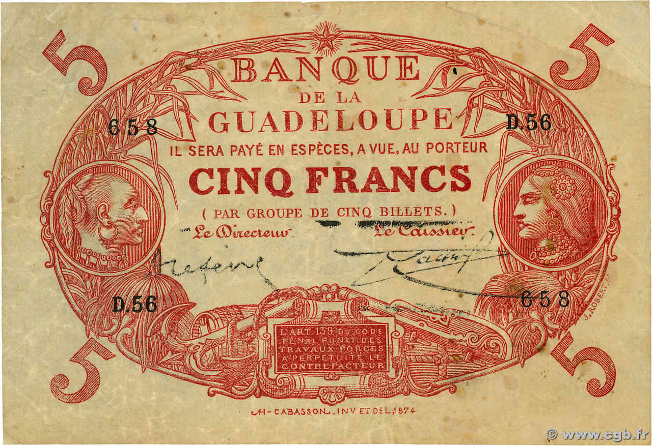 5 Francs Cabasson rouge GUADELOUPE  1923 P.07- TB+