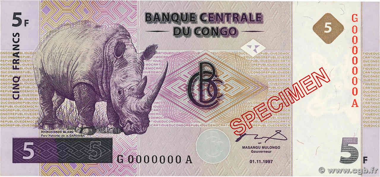 5 Francs Spécimen CONGO, DEMOCRATIQUE REPUBLIC  1997 P.086s AU