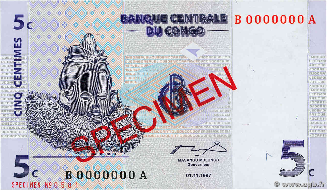 5 Centimes Spécimen CONGO, DEMOCRATIQUE REPUBLIC  1997 P.081s UNC