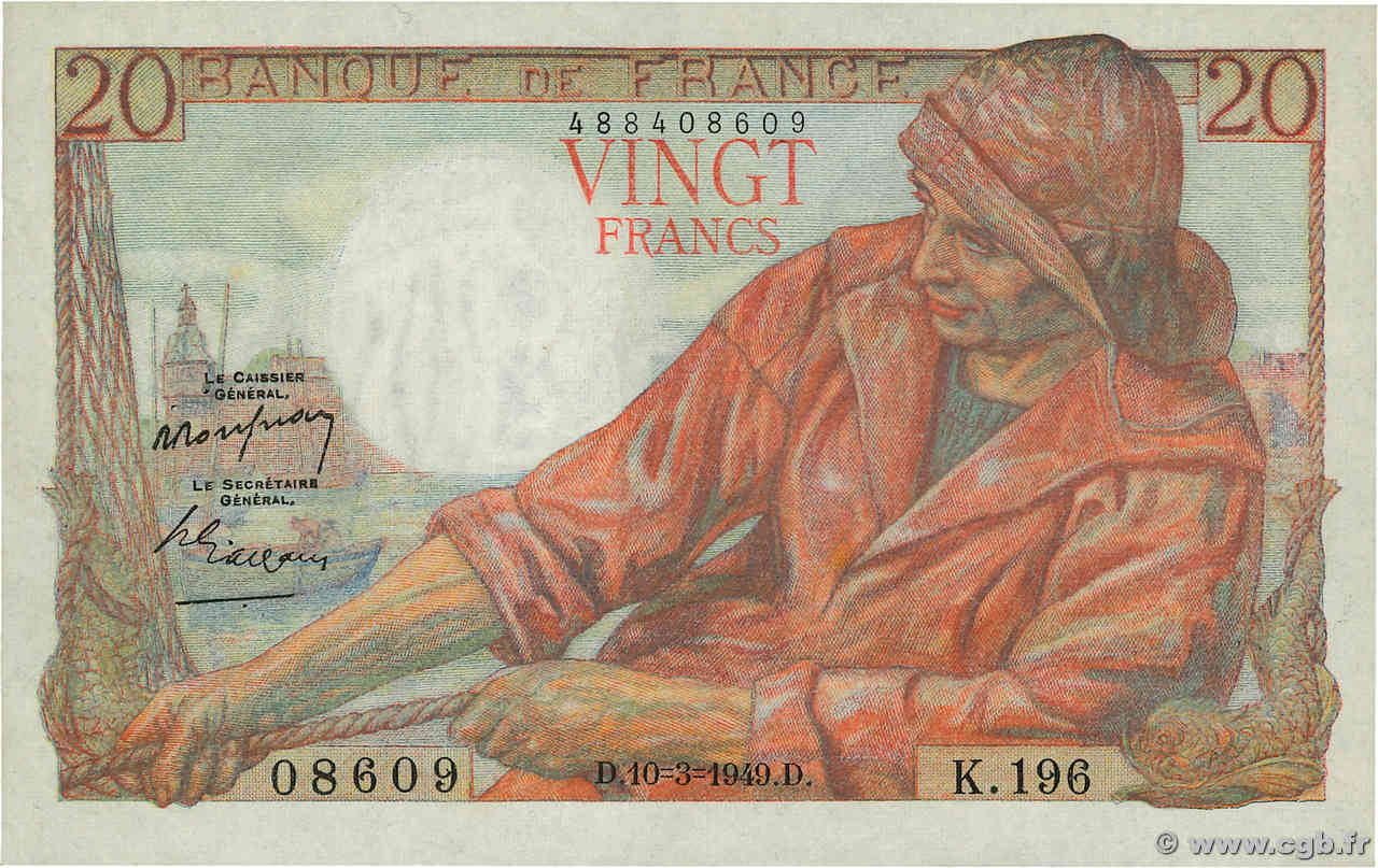 20 Francs PÊCHEUR FRANKREICH  1949 F.13.14 VZ