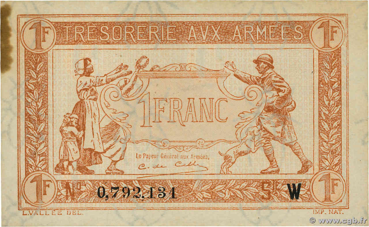 1 Franc TRÉSORERIE AUX ARMÉES 1919 FRANKREICH  1919 VF.04.10 VZ