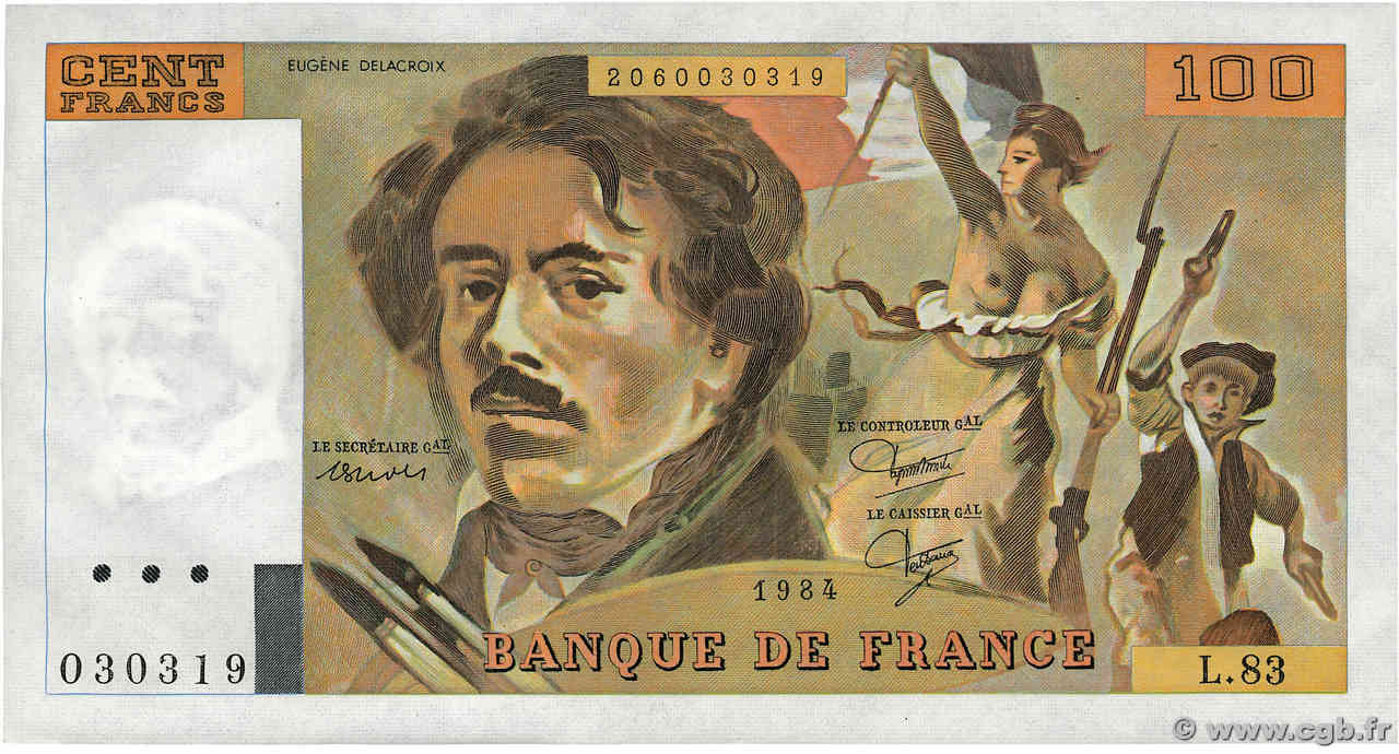 100 Francs DELACROIX modifié FRANCE  1984 F.69.08a AU