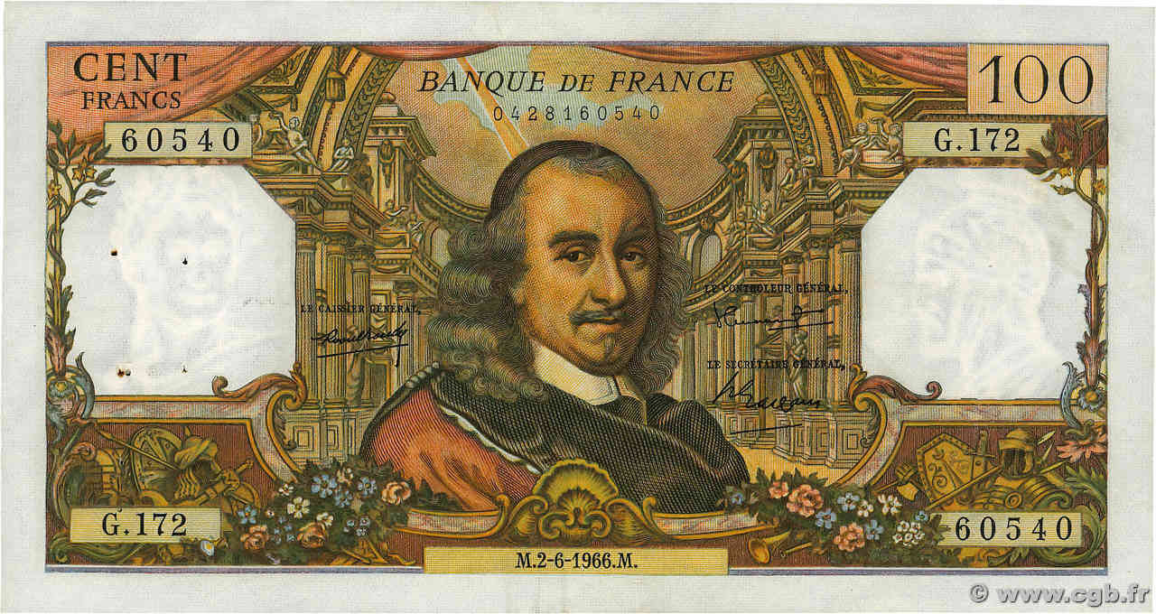 100 Francs CORNEILLE FRANCIA  1966 F.65.13 q.SPL