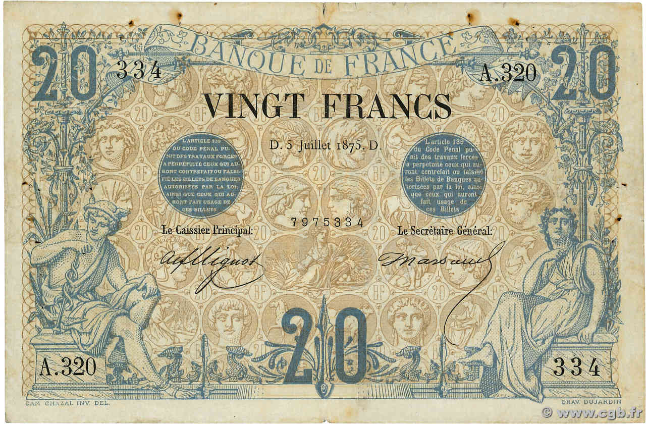 20 Francs NOIR FRANCIA  1875 F.09.02 BC+