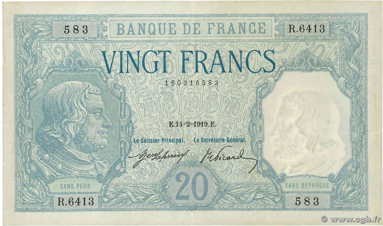 20 Francs BAYARD FRANCE  1919 F.11.04 TTB