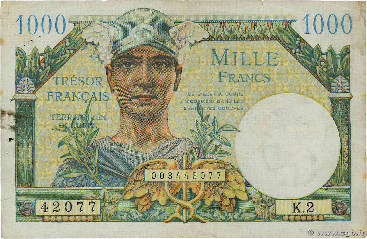 1000 Francs TRÉSOR FRANÇAIS FRANCIA  1947 VF.33.02 BC+