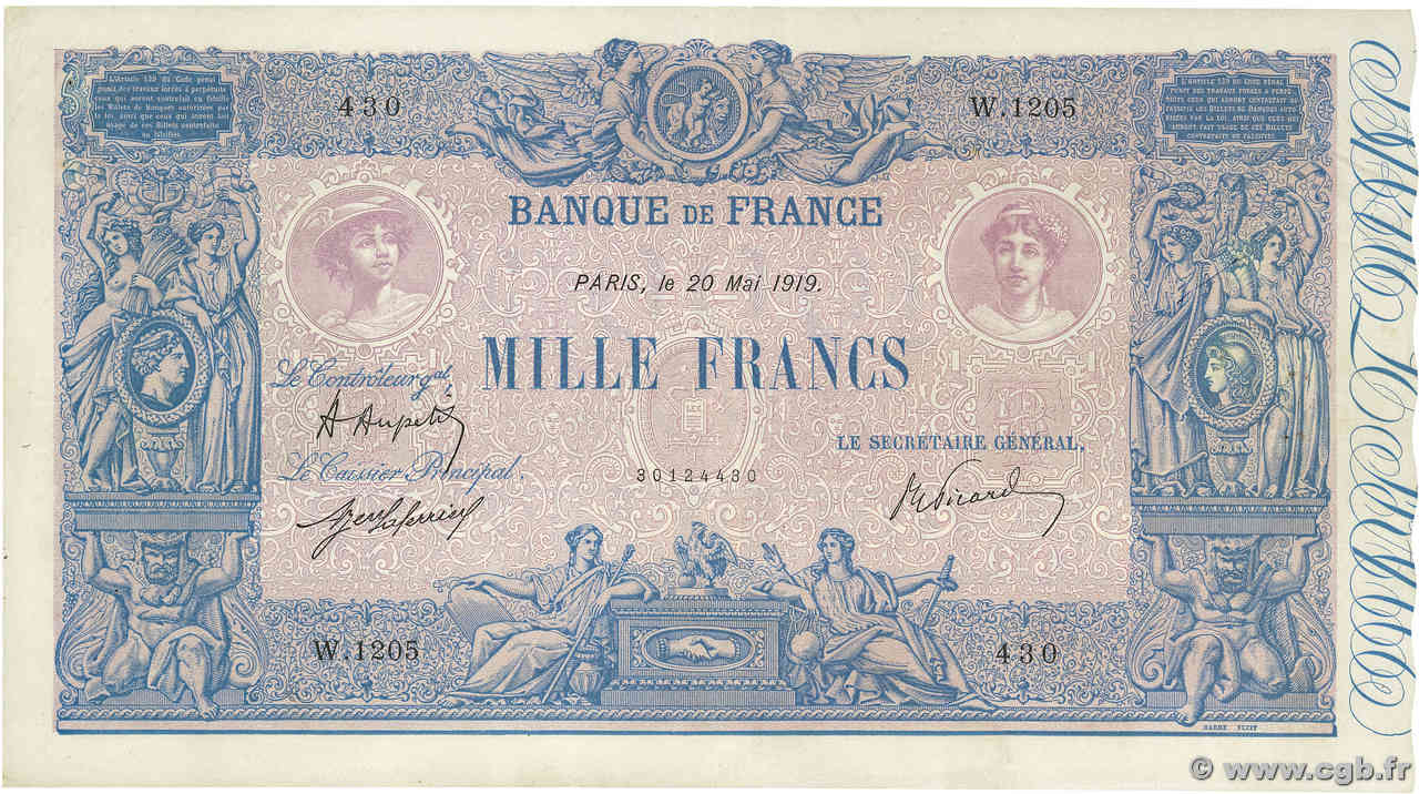 1000 Francs BLEU ET ROSE FRANKREICH  1919 F.36.34 fVZ