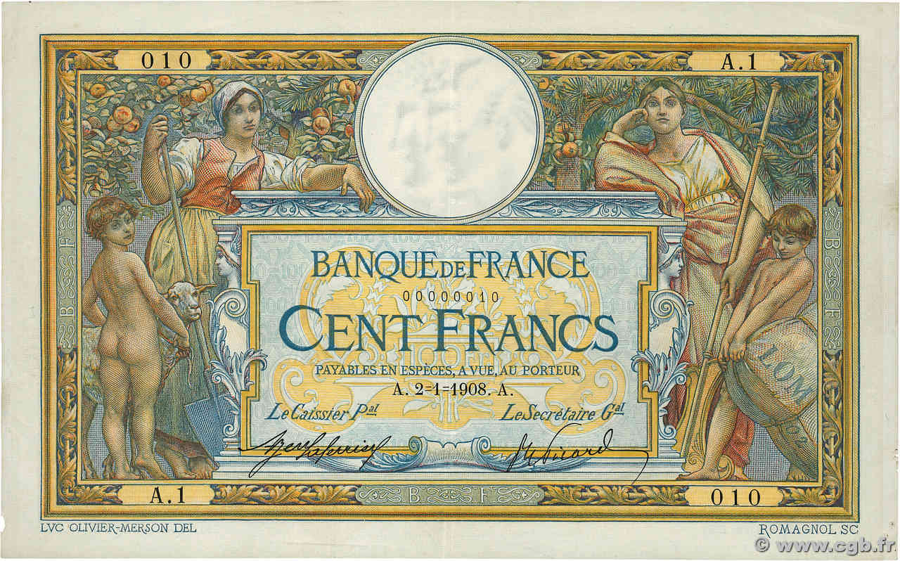 100 Francs LUC OLIVIER MERSON avec LOM Petit numéro FRANCE  1908 F.22.01A1 XF