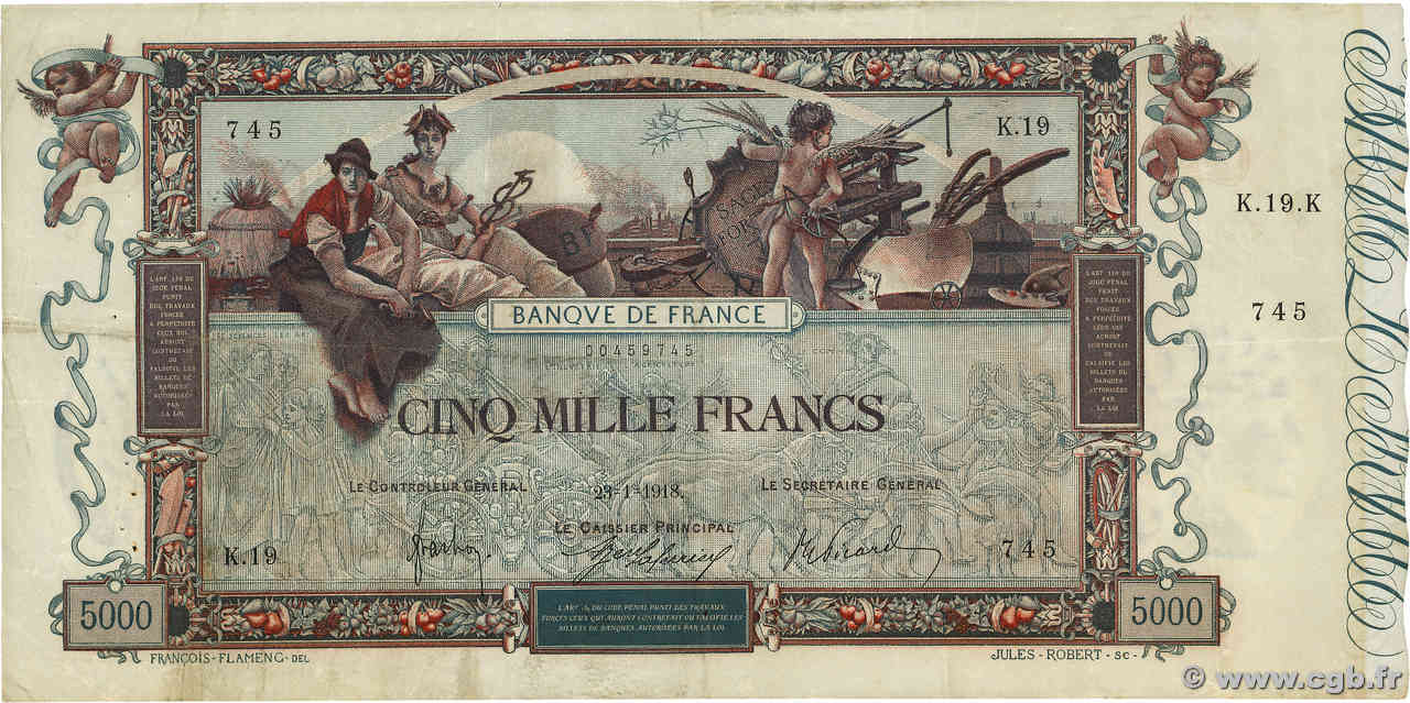 5000 Francs FLAMENG FRANCIA  1918 F.43.01 q.BB