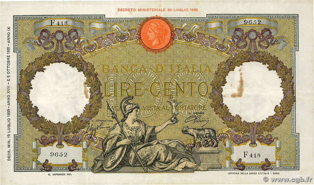 100 Lire ITALIA  1939 P.055 q.BB