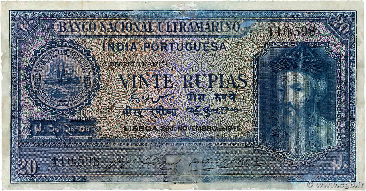 20 Rupias INDIA PORTUGUESA  1945 P.037 MBC