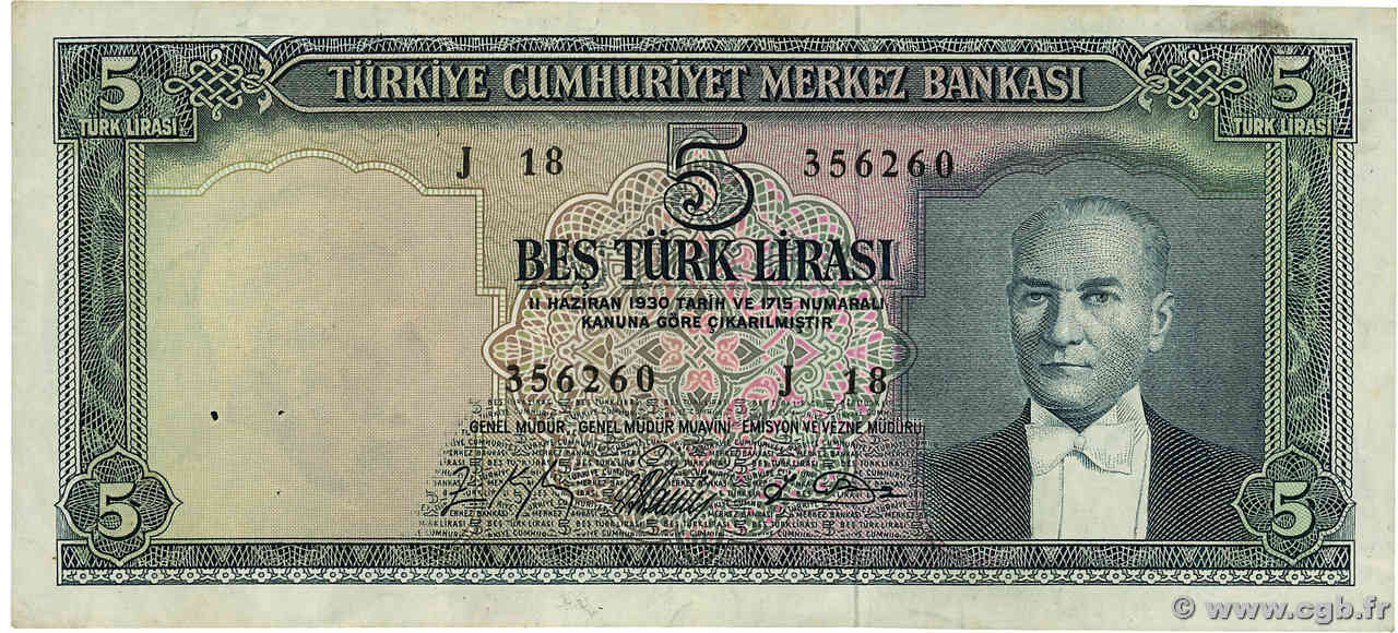 5 Lira TURKEY  1965 P.174 VF