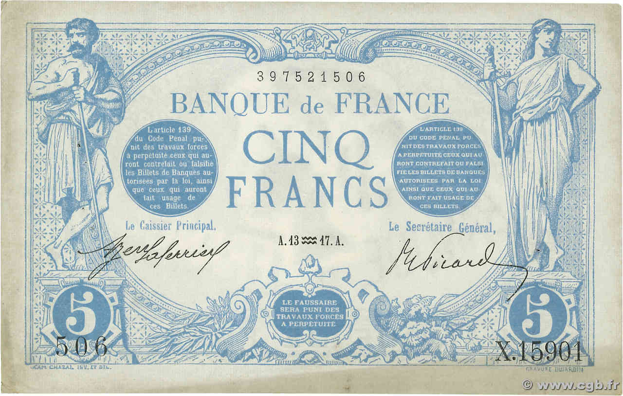 5 Francs BLEU FRANCIA  1917 F.02.47 EBC