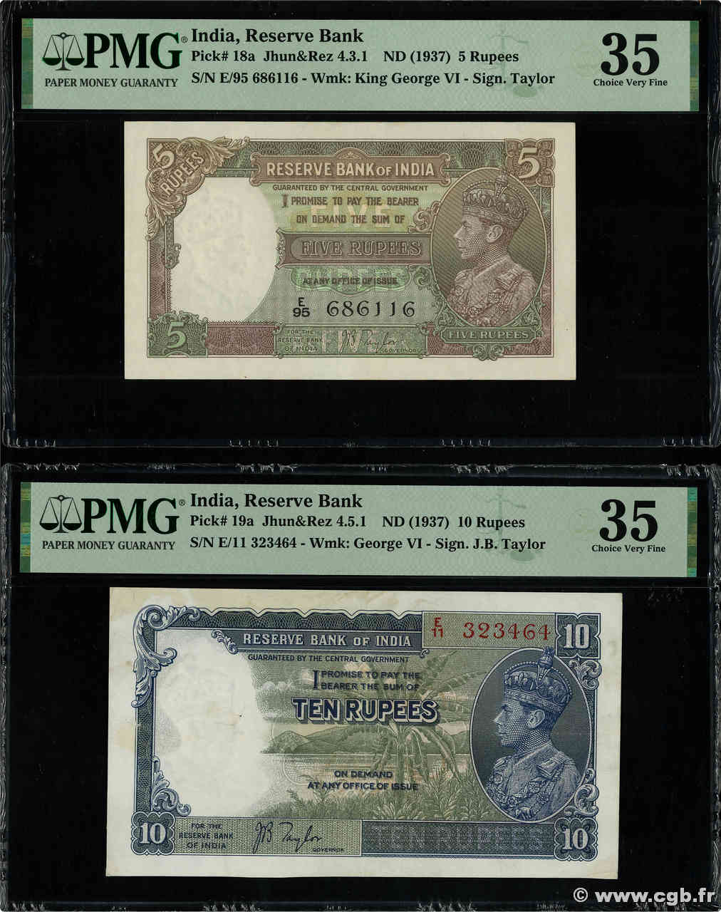 5 et 10 Rupees Lot INDE  1937 P.018a et P.019a TTB+